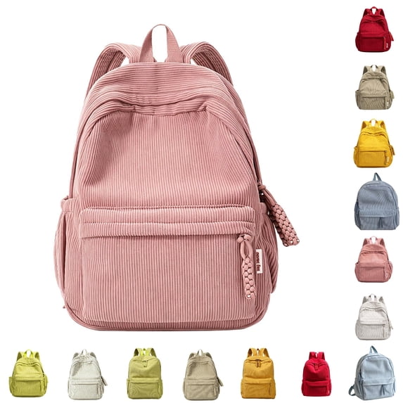 CUZIBR Striped Corduroy Backpack Lightweight Soft Casual Rucksack With Zipper Tassels Padded Adjustable Shoulder Straps Multi Compartment Book Bag For Students Daily School Shopping