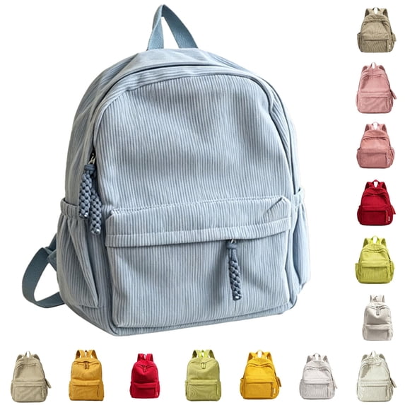 CUZIBR Striped Corduroy Backpack Lightweight Soft Casual Rucksack With Zipper Tassels Padded Adjustable Shoulder Straps Multi Compartment Book Bag For Students Daily School Shopping