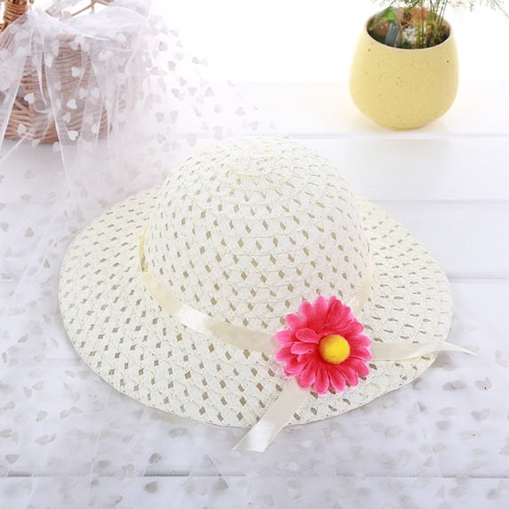CUZIBR Stylish Kids Straw Hat Solid Color Fashionable Flower Boater Cap Wide Brim For Children Boys Girls Beach Sun Cap,Beige,One Size