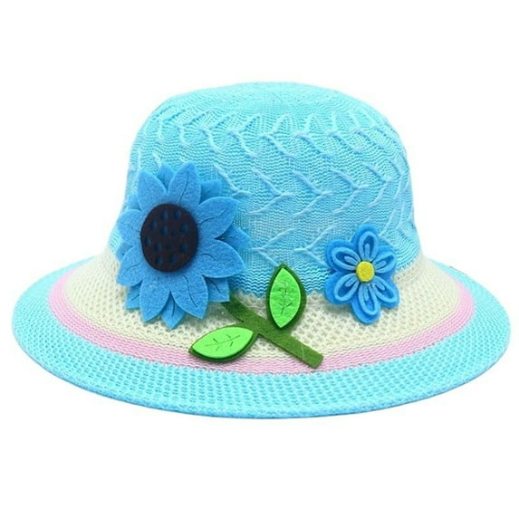 CUZIBR Stylish Kids Straw Hat Solid Color Fashionable Flower Boater Cap Wide Brim For Children Boys Girls Beach Sun Cap,Blue,One Size