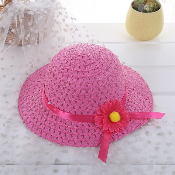 CUZIBR Stylish Kids Straw Hat Solid Color Fashionable Flower Boater Cap Wide Brim For Children Boys Girls Beach Sun Cap,Hot Pink,One Size