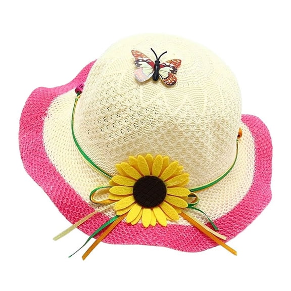 CUZIBR Stylish Kids Straw Hat Solid Color Fashionable Flower Boater Cap Wide Brim For Children Boys Girls Beach Sun Cap,Hot Pink,One Size