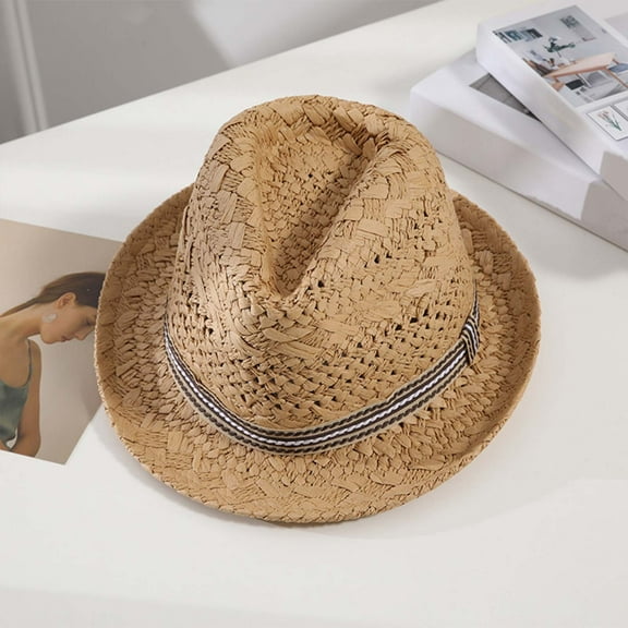 CUZIBR Stylish Kids Straw Hat Solid Color Fashionable Flower Boater Cap Wide Brim For Children Boys Girls Beach Sun Cap,Khaki,One Size