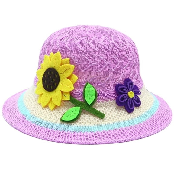 CUZIBR Stylish Kids Straw Hat Solid Color Fashionable Flower Boater Cap Wide Brim For Children Boys Girls Beach Sun Cap,Purple,One Size