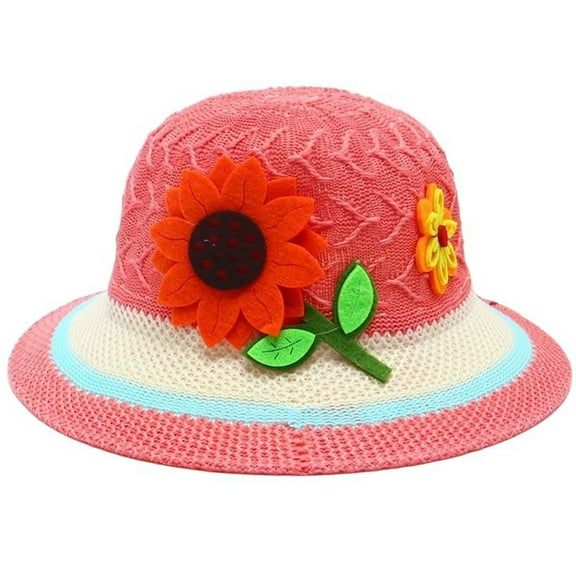 CUZIBR Stylish Kids Straw Hat Solid Color Fashionable Flower Boater Cap Wide Brim For Children Boys Girls Beach Sun Cap,Watermelon Red,One Size