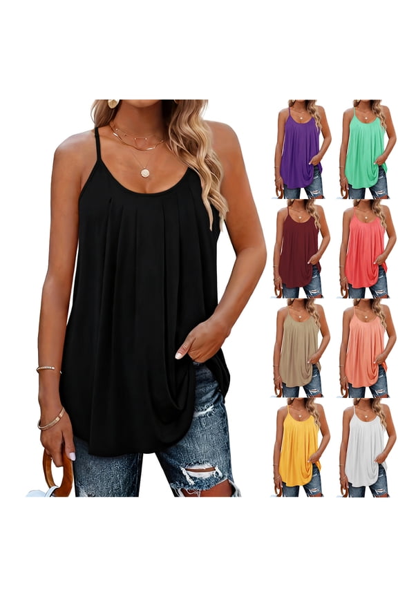 Summer Casual Tank Top For Women Spaghetti Strap Solid Color Pleated Ruffle Crewneck Loose Fit Comfort Oversized Lightweight Breathable Flowy Dressy Cami Blouse,Black,XXXXXXXXL
