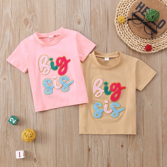 CUZIBR Summer Casual Tshirt For Girls Toddler Kids Round Neck Big Sis Letter Embroidery Short Sleeve Relaxed Fashionable Soft Holidays Basic Lightweight Graphic Tee Tops,Khaki,18-24 Months