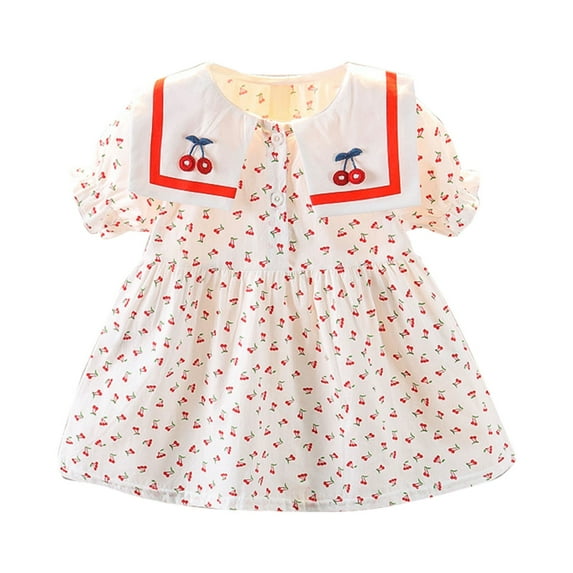 CUZIBR Summer Dress Little Girl Baby Fashion Bucolic Style Cherry Print Short Sleeve Lapel A-Line Dress Breathable Dailywear For Toddler