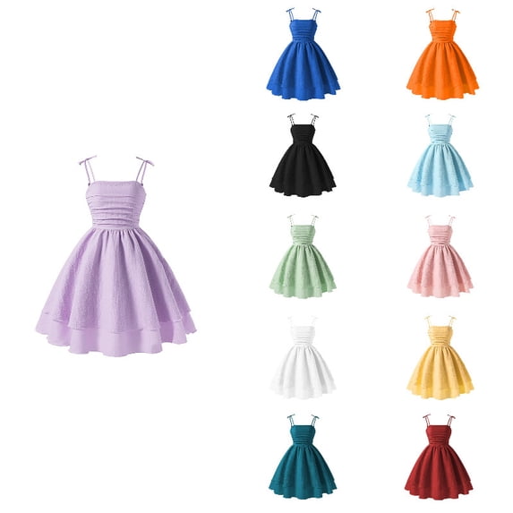 CUZIBR Summer Dresses For Girls Cute Bow Spaghetti Strap Solid Color Ruched Square Collar Back Smocked High Waist Ruffles Tiered Layered A-Line Dress Holiday Beach Outfits,Purple-B,13-14 Years