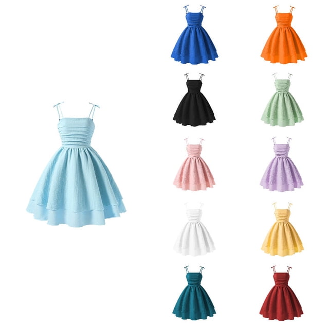 CUZIBR Summer Dresses For Girls Cute Bow Spaghetti Strap Solid Color Ruched Square Collar Back ...