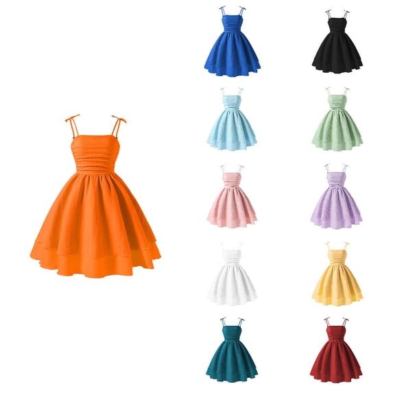 CUZIBR Summer Dresses For Girls Cute Bow Spaghetti Strap Solid Color Ruched Square Collar Back Smocked High Waist Ruffles Tiered Layered A-Line Dress Holiday Beach Outfits,Orange-A,9-10 Years