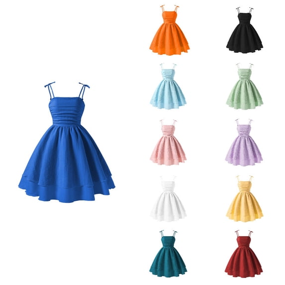 CUZIBR Summer Dresses For Girls Cute Bow Spaghetti Strap Solid Color Ruched Square Collar Back Smocked High Waist Ruffles Tiered Layered A-Line Dress Vacation Holiday Beach Outfits,Blue-A,8-9 Years