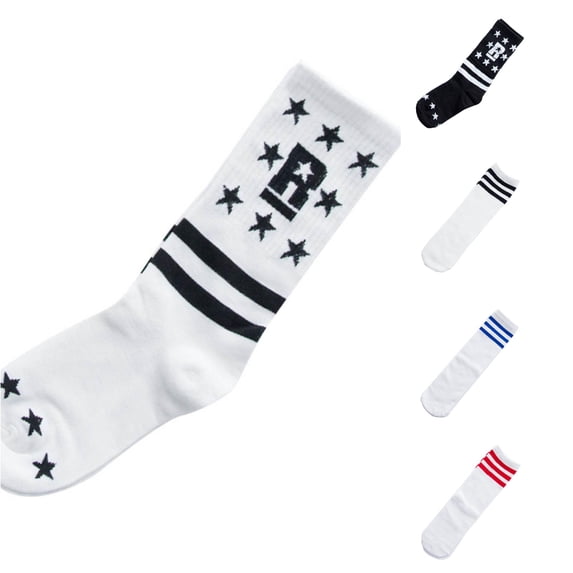 CUZIBR Summer Fall Boys Crew Socks With Star Print Letter Double Stripes Hip Hop Street Style Casual Cotton Mid Calf Socks For Teenagers Back To School Dailywear,One Size