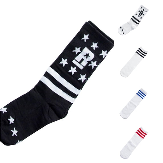 CUZIBR Summer Fall Boys Crew Socks With Star Print Letter Double Stripes Hip Hop Street Style Casual Cotton Mid Calf Socks For Teenagers Back To School Dailywear,One Size