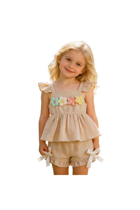 Summer Toddler Baby Girls 2 Piece Sets Fly Sleeve Floral Square Collar Ruffled Trim Floral Tank Tops Shirt And Elastic Wide Leg Shorts Breathable Lightweight Comfy Outfits,Khaki,9-12 Months