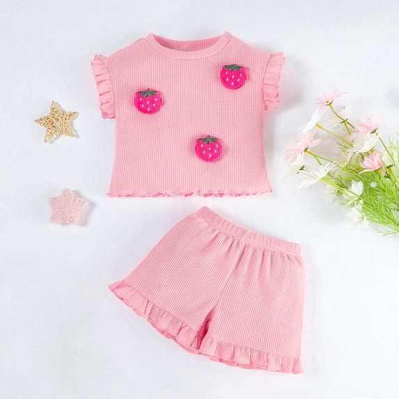 CUZIBR Summer Toddler Baby Girls 2 Piece Sets Sleeveless Ribbed Cute 3D Strawberry Crewneck Ruffles Tank Top Blouse Shorts Breathable Stylish Lightweight Outfits,Pink,18-24 Months