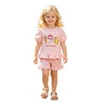 thumbnail image 1 of CUZIBR Summer Toddler Girls Back To School Outfits Short Sleeve Cute Cartoon Print Crewneck Basic T Shirt Ruffles Wide Leg Fashionable Summer Fall 2 Piece Short Clothes Sets,Pink,2-3 Years, 1 of 8