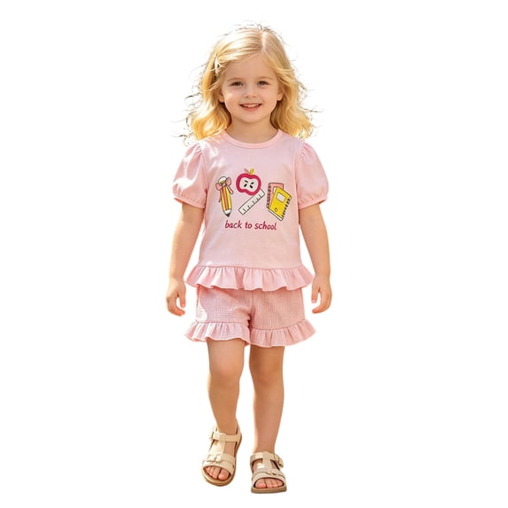 CUZIBR Summer Toddler Girls Back To School Outfits Short Sleeve Cute Cartoon Print Crewneck Basic T Shirt Ruffles Wide Leg Fashionable Summer Fall 2 Piece Short Clothes Sets,Pink,2-3 Years