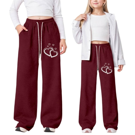 CUZIBR Sweatpants For Girls Cute Bow Heart Print Valentine'S Day Trousers Lightweight Straight Leg Pants Athletic Pants With Pockets Casual Soft Dailywear,Wine,10-11 Years