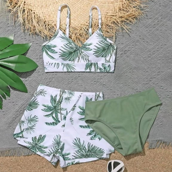 CUZIBR Swimsuit 3 Piece Bikini Set Cute Floral Print Adjustable Strap Tops Brief Beach Shorts Swim Outfits Popular Swimsuit,White,8-9 Years