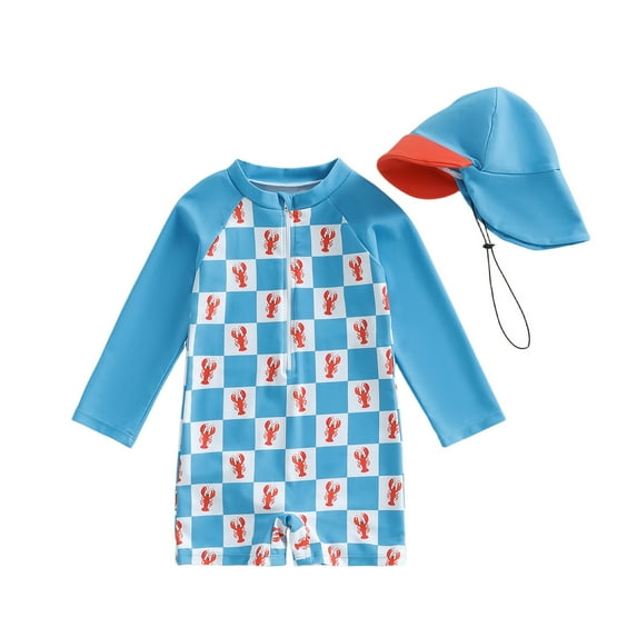 CUZIBR Swimsuit Boys 2 Piece Swimsuit Full Zip Floral Print Long Sleeve Rash Guard Onesize Bodysuit With Hat Cozy Pool Beach Travel Swimwaer Holiday,Blue,2-3 Years