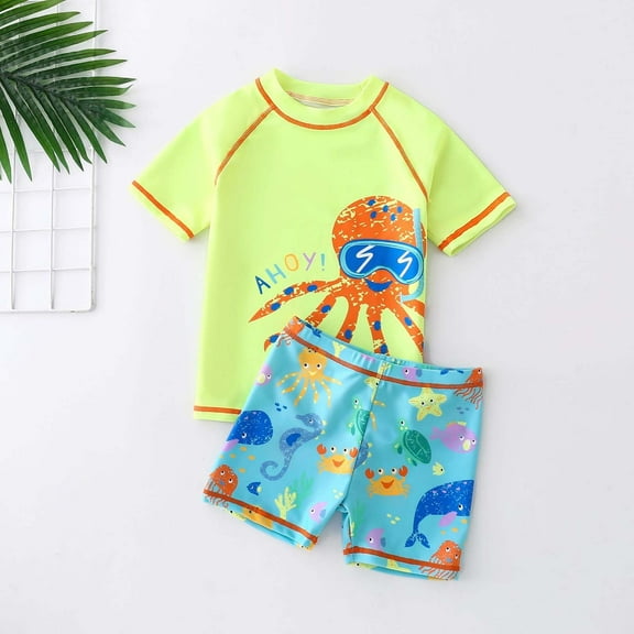 CUZIBR Swimsuit Boys Cartoon Fish Printed Two Piece Swimwear Patchwork Short Sleeve Crewneck Shirts And Trunks Shorts Outfits Popular Swimsuit,Green,5-6 Years