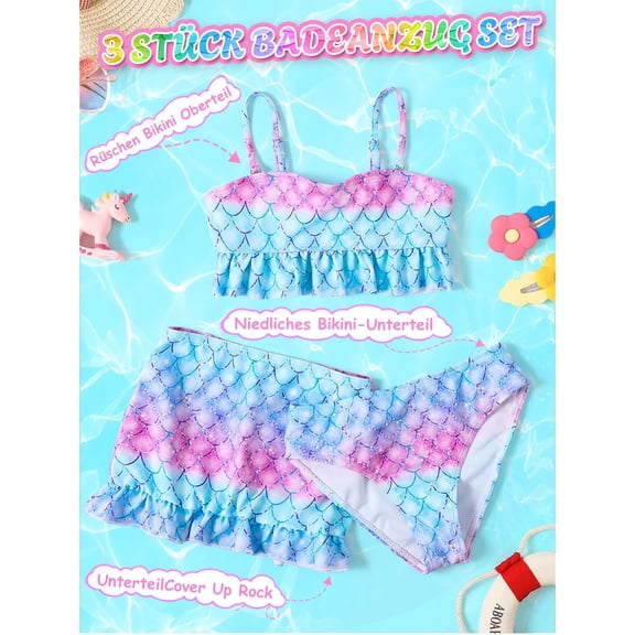 CUZIBR Swimsuit For Girls 3 Piece Bikini Set Teens Yoth Adjustable Spaghetti Strap Ruffles Swimwear With Mini Skirt Beach Swimwear,Purple,6-8 Years
