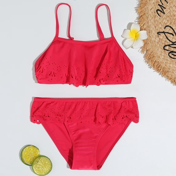 CUZIBR Swimsuit Girls 2 Piece Bikini Set Adjustable Strap Hollow Out Lace Trim Stylish Cozy Solid Outfits Popular Swimsuit,Red,9-10 Years