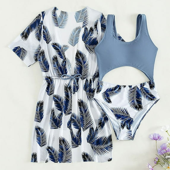 CUZIBR Swimsuit Girls 3 Piece Swimsuits Floral Feather Prints Tank Top Briefs Bikini Sets With Short Sleeve Cover Up Cardigan Beachwear Pool Beach Travel Swimwaer Holiday,White,9-11 Years