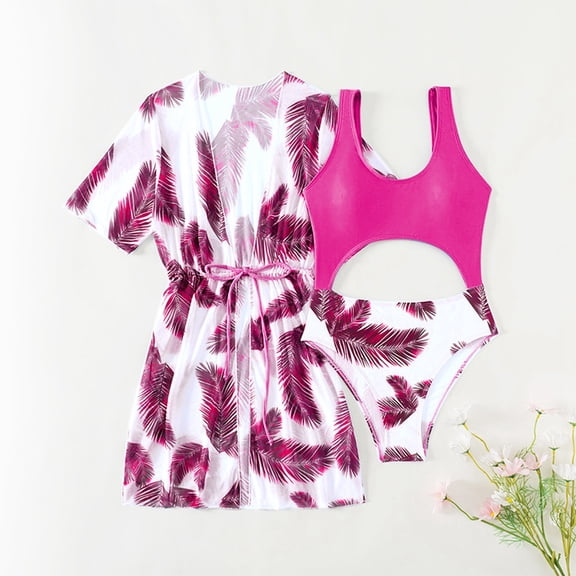 CUZIBR Swimsuit Girls Floral Feather Prints Tank Top Briefs Bikini Sets With Long Sleeve Cover Up Shirts Beachwear Popular Swimsuit,Hot Pink,9 Years