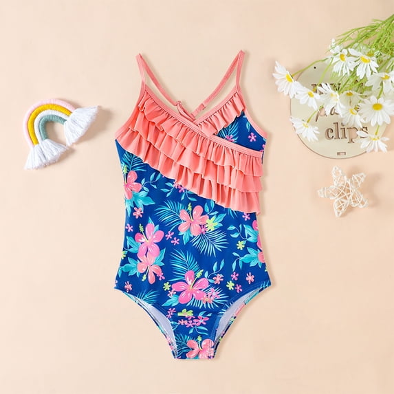 CUZIBR Swimsuit Girls Leaf Floral Print One Piece Swimsuit Cross Strap Ruffled Edge Bikini Fashionable Beach Swimwear,Orange,5-6 Years