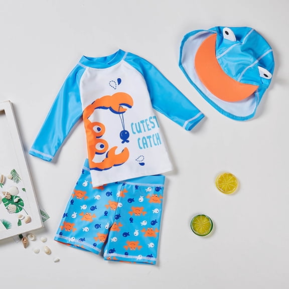 CUZIBR Swimsuit Girls One Piece Swimsuit Back Zipper Cartoon Animal Print Short Sleeve Hat Set Rash Guard Surfing Suit Beach Swimwear,Blue,4-5 Years