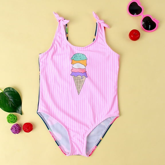 CUZIBR Swimsuit For Girls One Piece Swimsuit Sleeveless Striped Cartoon Prints Bow Strap Swim Wear Soft Bikini Pool Beach Travel Swimwaer Holiday,Pink,12-18 Months