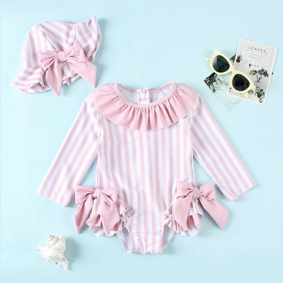 CUZIBR Swimsuit Girls Rash Guard Swim Long Sleeve Cartoon Print Striped Ruffled Patchwork Zipper Up Round Neck Bodysuit With Cute Hat Sun Protection Bathing Suit,Pink,6-12 Months