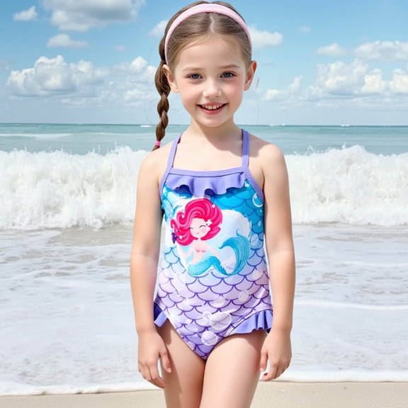 CUZIBR Swimsuit Girls Spaghetti Strap Ruffles One Piece Cartton Print Swim Wear Bikini Comfy Soft Pool Beach Travel Swimwaer Holiday,Blue,4-5 Years