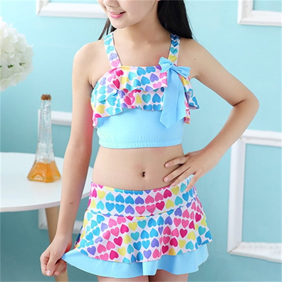 CUZIBR Swimsuit Girls Tow Piece Rainbow Floral Print Bikini Spaghetti Strap Tank Top Ruffled Skirts Tankini Set Elegent Fashionable Beach Swimwear,Light Blue,6-7 Years