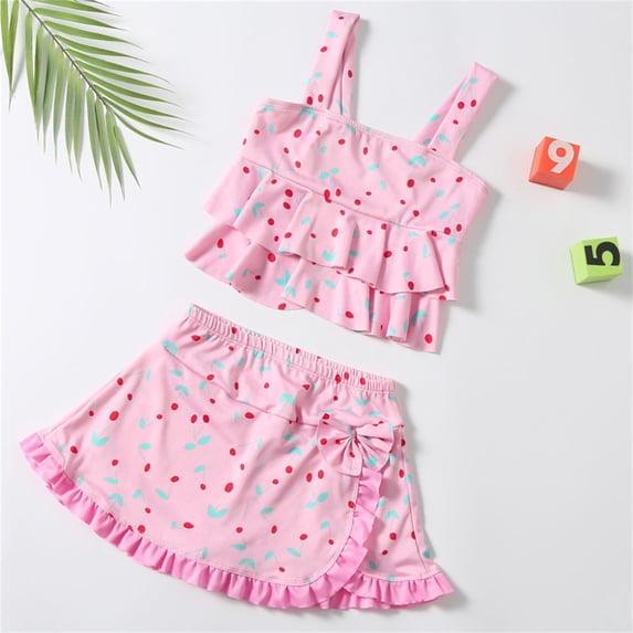 CUZIBR Swimsuit Girls Tow Piece Rainbow Floral Print Bikini Spaghetti Strap Tank Top Ruffled Skirts Tankini Set Elegent Fashionable Popular Swimsuit,PK3,10-14 Years