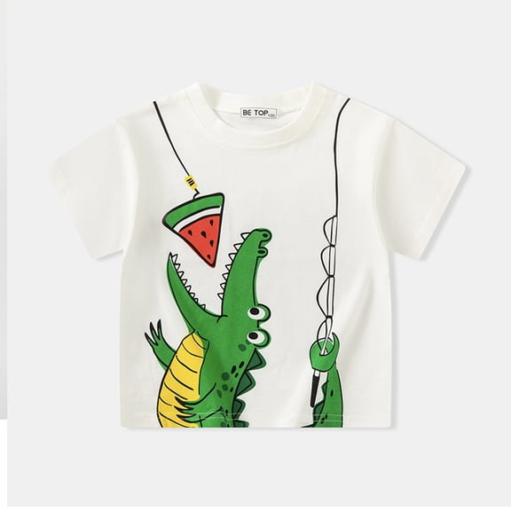 CUZIBR T Shirts Boys Fashion Cartoon Dinosaur Print Round Neck Short Sleeve T-Shirts Soft Breathable Tee Fashion Outwear Clothing,White,5-6 Years