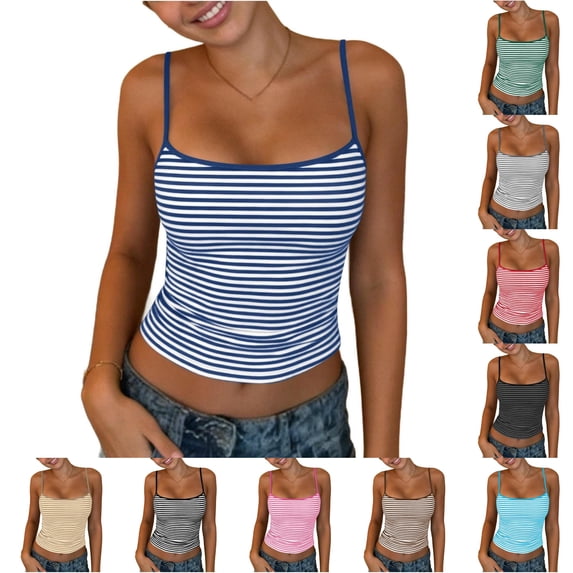 CUZIBR Tank Tops For Women Classic Striped Slim Fit Spaghetti Strap Scoop Neck Low Cut High Waist Crop Top Fitted Ribbed Camisole Casual Summer Fashion Basic Tee Cozy Soft Dailywear,BU2,XXL