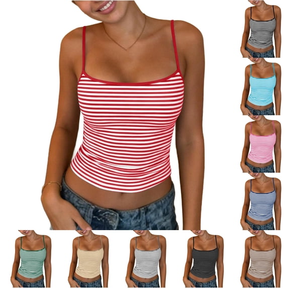 CUZIBR Tank Tops For Women Classic Striped Slim Fit Spaghetti Strap Scoop Neck Low Cut High Waist Crop Top Fitted Ribbed Camisole Casual Summer Fashion Basic Tee Cozy Soft Dailywear,RD1,XXL