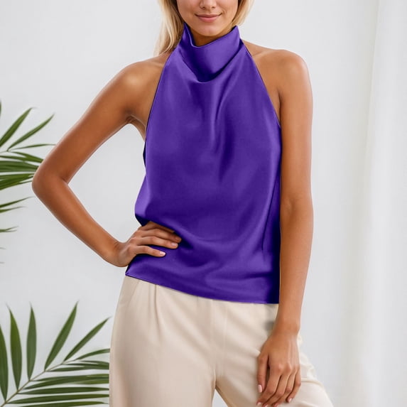 CUZIBR Tank Tops For Women Sleeveless Halter Neck Elegant Satin Camisole Solid Color Ruched Lightweight Layering Loose Fit Casual Stilish Backless Shirt Summer Party Beach Stylish Cami,Dark Purple,M