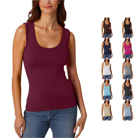 CUZIBR Tank Tops For Women Solid Color Sleeve Low Round Neck Slim Fit Casual Ribbed Casual T Shirt Stretch Fitting Basic Camisole Stylish Summer Layering Going Out Beach Vacation Tee Shirts,Red,XXL