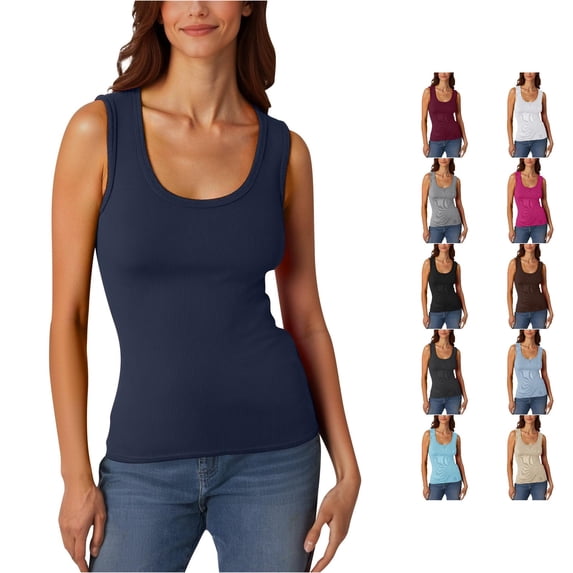 CUZIBR Tank Tops For Women Solid Color Sleeve Low Round Neck Slim Fit Casual Ribbed Casual T Shirt Stretch Fitting Basic Camisole Stylish Summer Layering Going Out Beach Vacation Tee Shirts,Navy,M