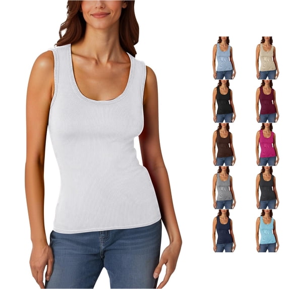 CUZIBR Tank Tops For Women Solid Color Sleeve Low Round Neck Slim Fit Casual Ribbed Casual T Shirt Stretch Fitting Basic Camisole Stylish Summer Layering Going Out Beach Vacation Tee Shirts,White,XL