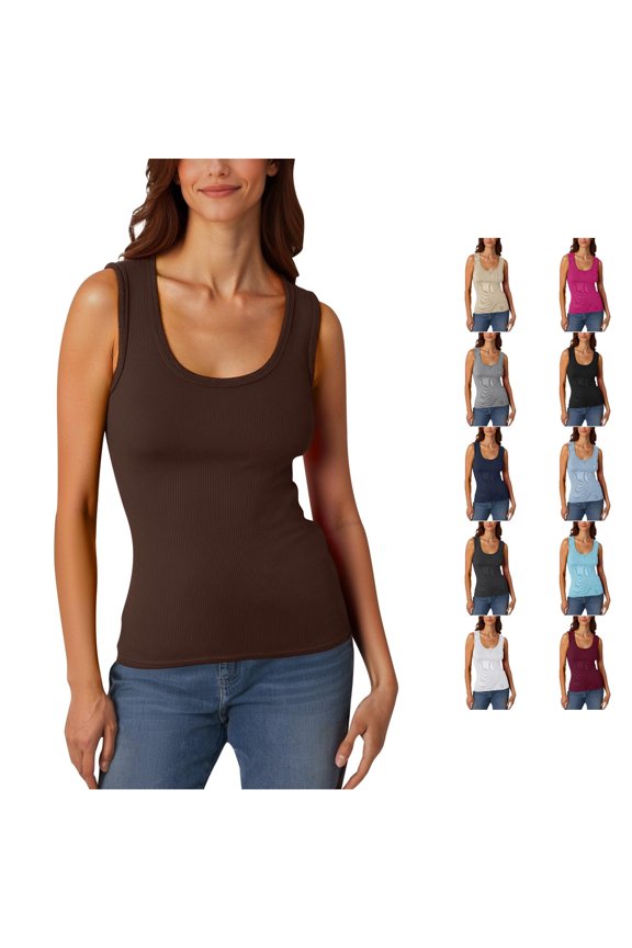 Tank Tops For Women Solid Color Sleeve Low Round Neck Slim Fit Casual Ribbed Casual T Shirt Stretch Fitting Basic Camisole Stylish Summer Layering Going Out Beach Vacation Tee Shirts,Brown,M