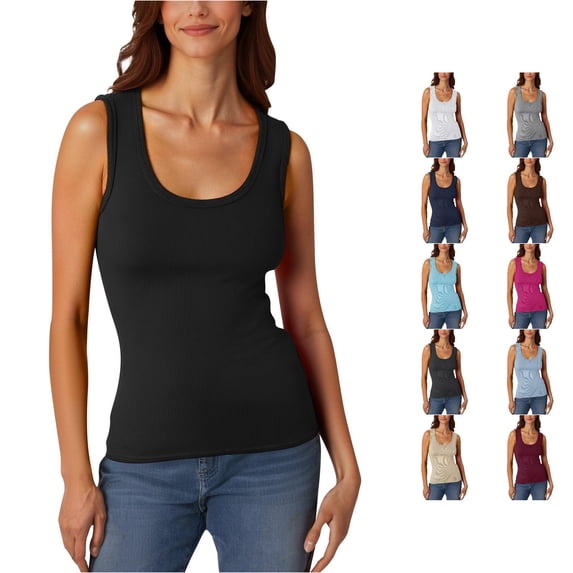 CUZIBR Tank Tops For Women Solid Color Sleeve Low Round Neck Slim Fit Casual Ribbed Casual T Shirt Stretch Fitting Basic Camisole Stylish Summer Layering Going Out Beach Vacation Tee Shirts,Black,L