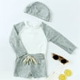 thumbnail image 1 of CUZIBR Teen Boys 3 Piece Swimsuits Rash Guard Raglan Sleeve Striped Cute Cartoon Pattern Long Sleeve Shirts Tops And Elastic Waist Shorts Trunks Swimwear Outfits Bathing Suit,Grey,3-4 Years, 1 of 9