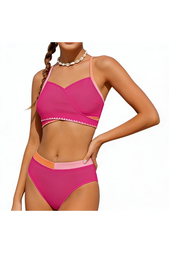 Teen Girl Swimsuit 2 Piece Color Block Fron Cross V-Neck Adjustable Spaghetti Strap Top Chest Pad Mid Waist Briefs Bikini Sets Bathing Suit For Youth Fashionable Swimwear,Hot Pink,9-10 Years