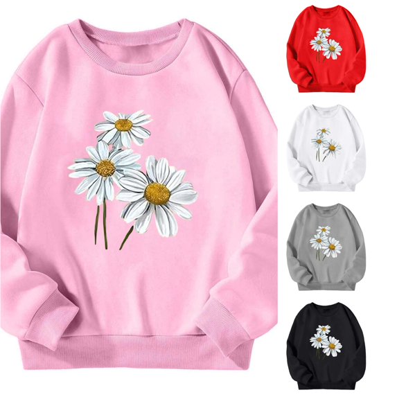 CUZIBR Girls Crewneck Sweatshirt Flower Graphic Pullover Long Sleeve Comfort Outdoor Tops,Pink,13-14 Years