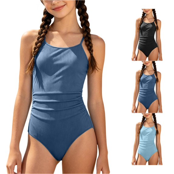 CUZIBR Girls One Piece Swimsuit Solid Color Tankini Sun Swimwear For Kids Youth Summer Spaghetti Strap Round Neck Ribbed Ruched Dry Quickly Upf 50 Sun Beach Pool Bathing Suit,Blue,7-8 Years
